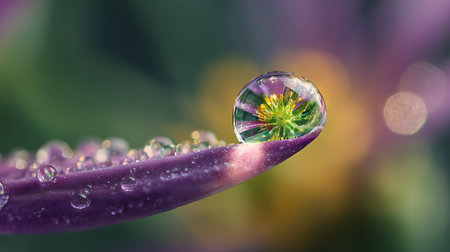 Water drop on a green leaf with purple petals and green backgroundの素材