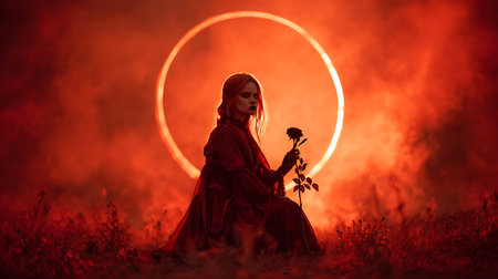 Beautiful woman in red dress with a rose in her hands on a background of a red circle. Halloween.の素材