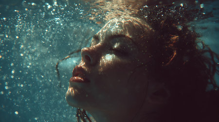 underwater portrait of young beautiful woman with wet hair in swimming poolの素材