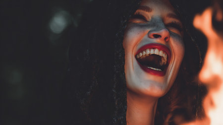 Portrait of a beautiful young woman with black curly hair and red lipsの素材
