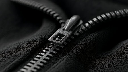 Zipper on a black fabric close-up. Macro shot.の素材