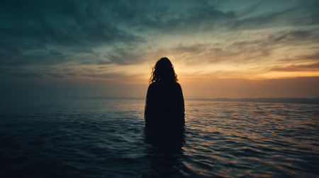 Silhouette of a woman standing in the water at sunset.の素材
