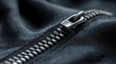 Close up of zipper on dark blue fabric texture background. Selective focus.の素材