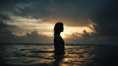 Silhouette of a young woman standing in the water at sunsetの素材