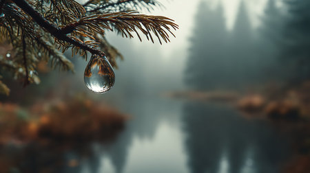 Water drop on a pine branch with a forest in the background.の素材