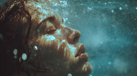 Close up portrait of a beautiful girl underwater in the water. Bokeh effect.の素材