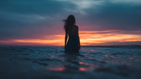 Silhouette of a beautiful woman in the water at sunset.の素材