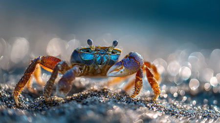 Close-up of a tiny blue crab on the beach at sunsetの素材