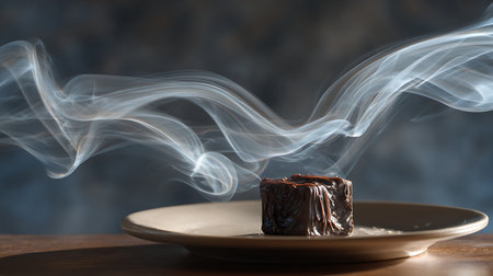 Chocolate cake with smoke on a wooden table. Selective focus.の素材