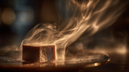 A piece of caramel on a wooden table with smoke. Selective focus.の素材