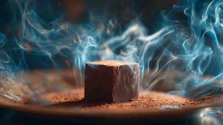Chocolate marshmallow on a plate with smoke on a dark backgroundの素材