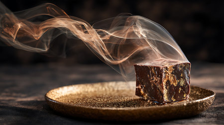 Piece of chocolate with smoke in a plate on a dark backgroundの素材