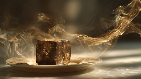 A piece of chocolate on a plate with smoke and light in the backgroundの素材