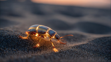 Macro shot of a beetle on the sand at sunset time.の素材