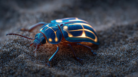 Blue beetle on the sand. Close-up of a beetle.の素材