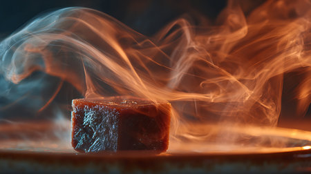 Turkish delight on a plate with smoke and fire. Selective focusの素材