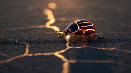Close up of a beetle on the road at sunset. Macro.の素材