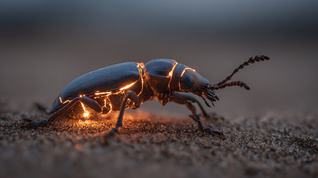 Stag beetle on the sand at sunset. Close-up.の素材