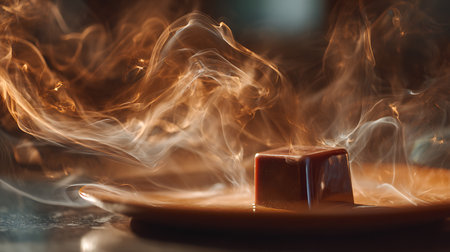 Piece of caramel on plate with smoke, shallow depth of fieldの素材