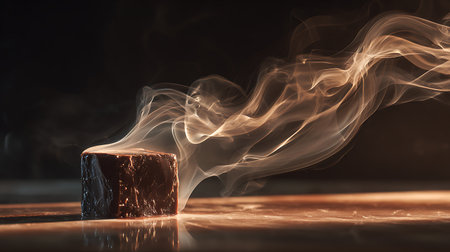 smoke from a piece of chocolate on a wooden table with black backgroundの素材