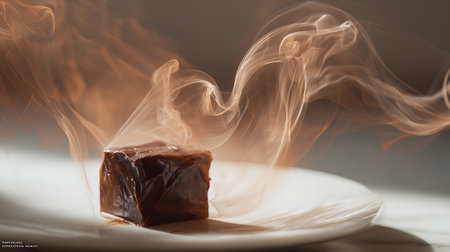 A piece of chocolate on a white plate with smoke in the backgroundの素材