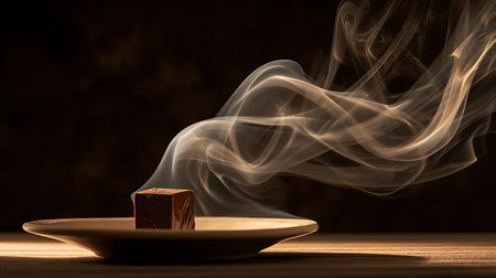 A piece of chocolate on a saucer with smoke on a dark backgroundの素材