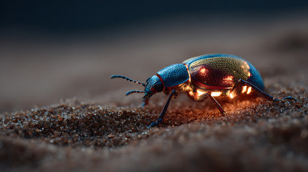 Blue beetle in the sand. Close-up. Macro photography.の素材