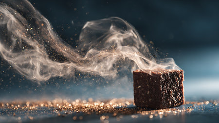 Close-up of a piece of chocolate with smoke coming out of itの素材