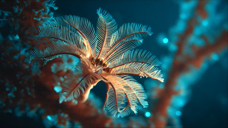 A close-up of a beautiful illuminated tropical coral reef at night.の素材