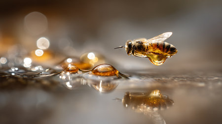 Honey bee on a drop of water. Shallow depth of fieldの素材