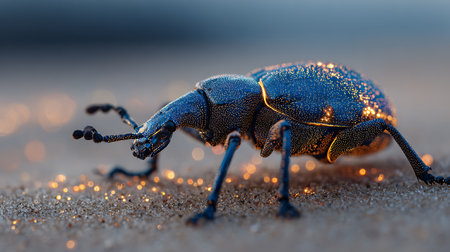 Beetle on sand in the evening. Close-up.の素材