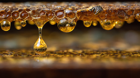 Drop of honey drip from hexagonal honeycombs filled with golden nectar, honeycombs summer composition consistingの素材