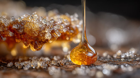 Honey dripping from a honey dipper on a wooden background.の素材