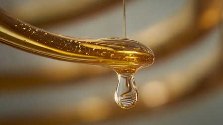 Honey dripping from a wooden honey dipper on a golden backgroundの素材