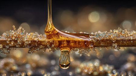 Honey dripping from a wooden honey dipper on a black backgroundの素材
