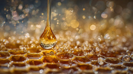 Honey dripping from a hexagonal honeycombs to a drop of honeyの素材