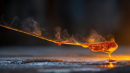 Honey dripping from a spoon on a wooden table with smoke.の素材