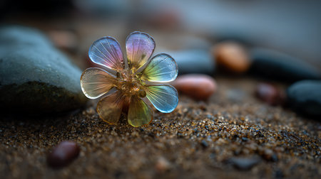Beautiful glass flower on the sand, close up. Nature backgroundの素材