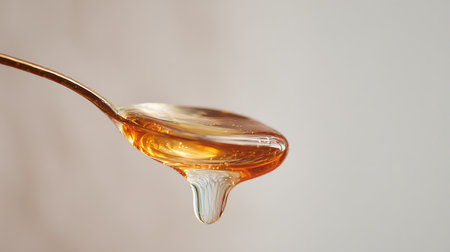Honey dripping from a spoon on a white background close-upの素材