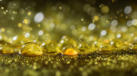 Macro shot of water droplets on golden bokeh backgroundの素材