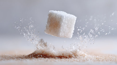 Sugar cubes falling on wooden table, close-up, macroの素材