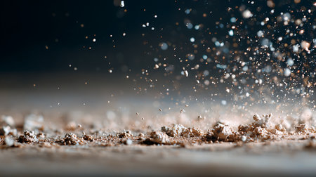Close-up of a wooden table with some crumbs and dustの素材