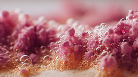 Pink soap bubbles on a white background. Selective focus. Macroの素材