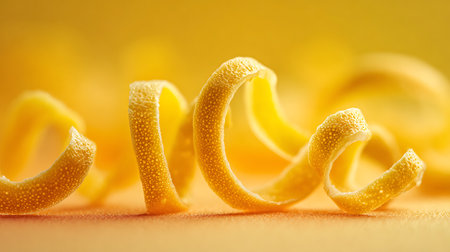 Close-up of a spiral of yellow pasta with water dropletsの素材