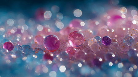Macro shot of a group of pink and purple beads on a blue backgroundの素材