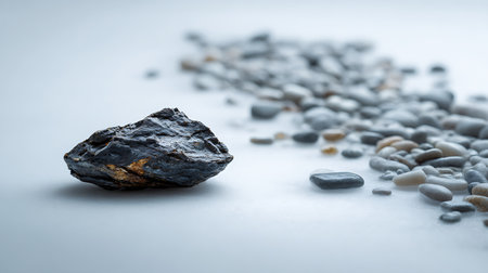 Piece of coal on a white background with sea pebblesの素材