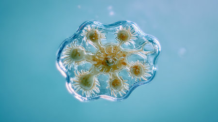 microscopic view of virus cells under microscope. 3d illustrationの素材