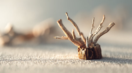 Wooden tree root on snow background, shallow depth of field.の素材