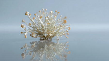 Macro of white moss flower isolated on white background with reflection.の素材