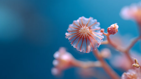 Macro shot of a beautiful coral flower on a blue background.の素材